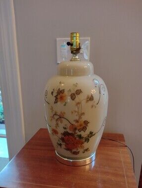 Tall 1970's Vintage Oriental Ginger Jar Lamp w/ Hand Painted Floral Accents